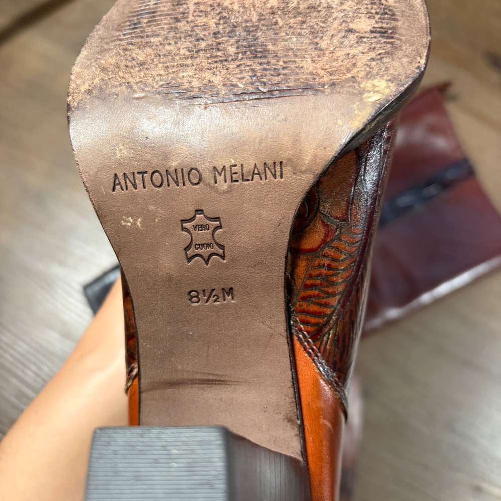 Boho Antonio Melani 8.5 M Floral Embossed Leather Block Heel Boots Cognac Brown - Picture 3 of 6